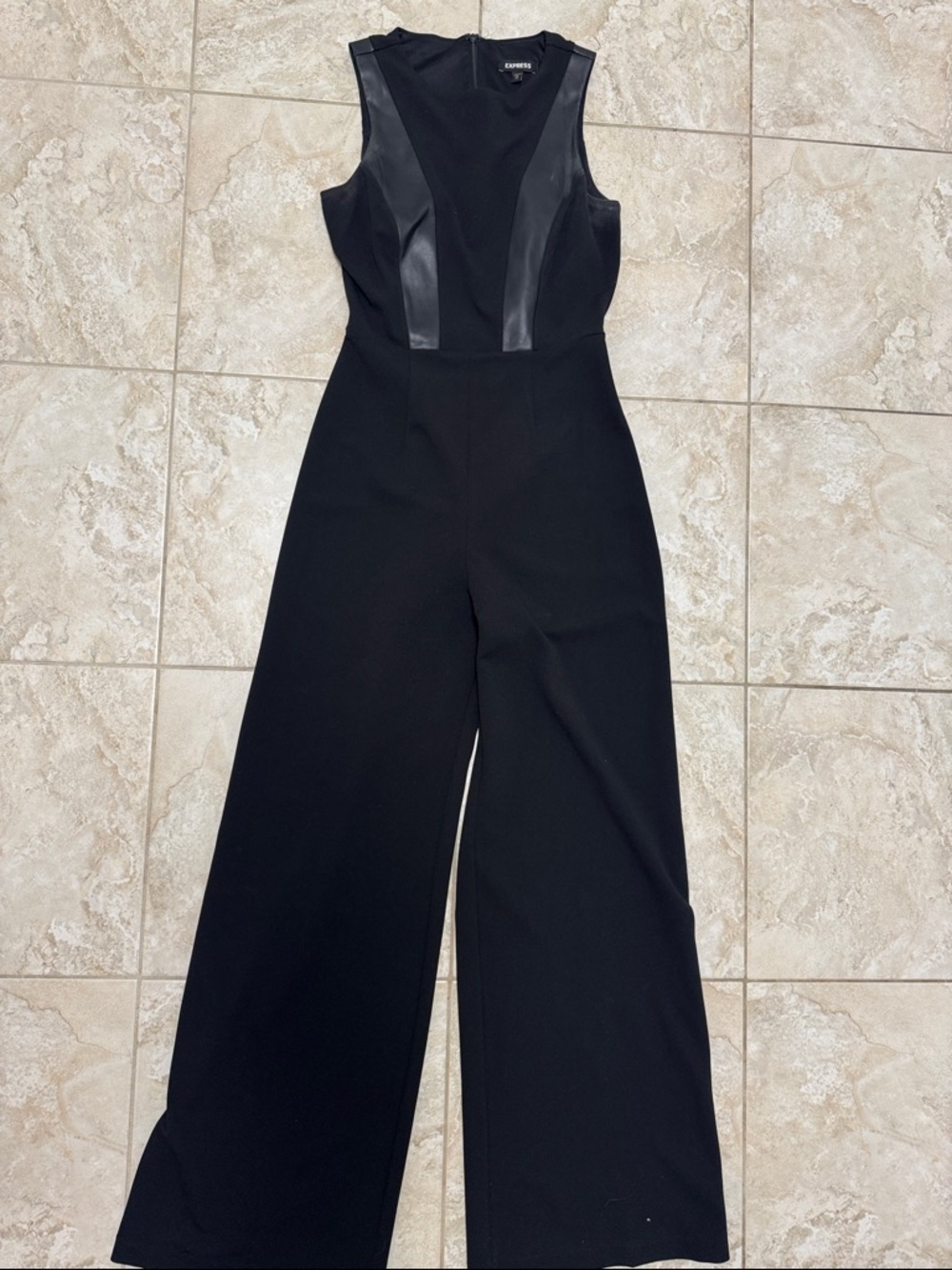 Express Black Sleeveless Faux-Leather Panel Wide-Leg Jumpsuit